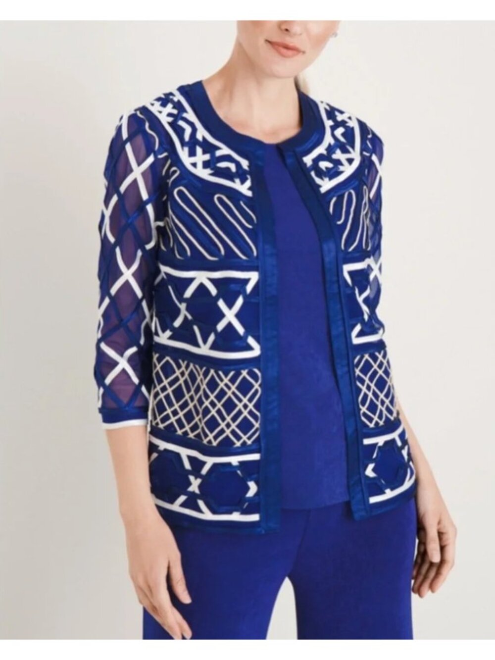Chico’s Travelers Sheer Mesh Soutache Cardigan blazer Abstract Artwear Jacket M